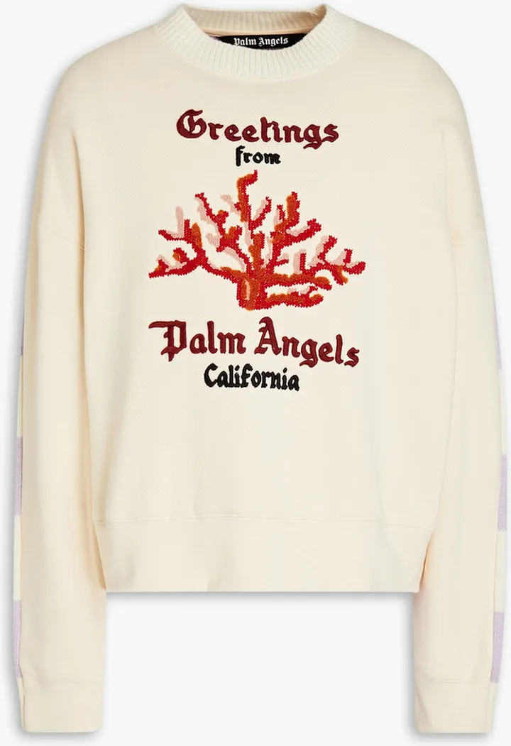 Printed French cotton terry-paneled wool-blend sweater
