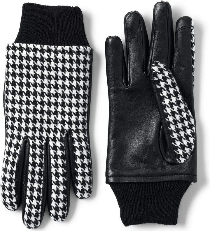 Lands' End Women's EZ Touch Screen Lined Leather Gloves - X-large - Black Houndstooth