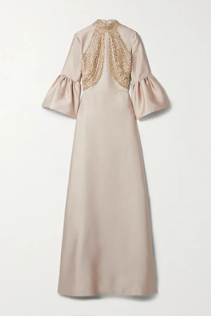 Reem Acra - Embellished Ruffled Satin-piqué Gown - Neutrals
