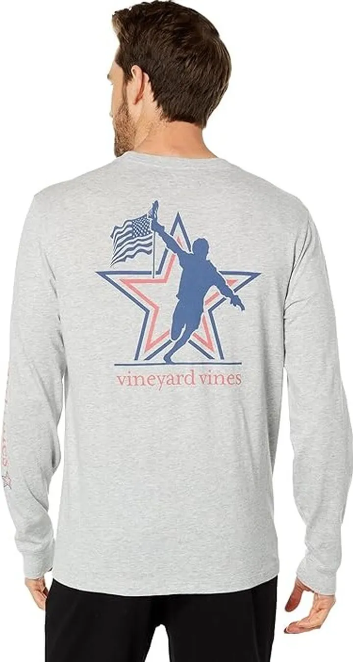 Vineyard Vines Lax Victory Lap Long Sleeve Pocket Tee (Grey Heather) Men's Clothing