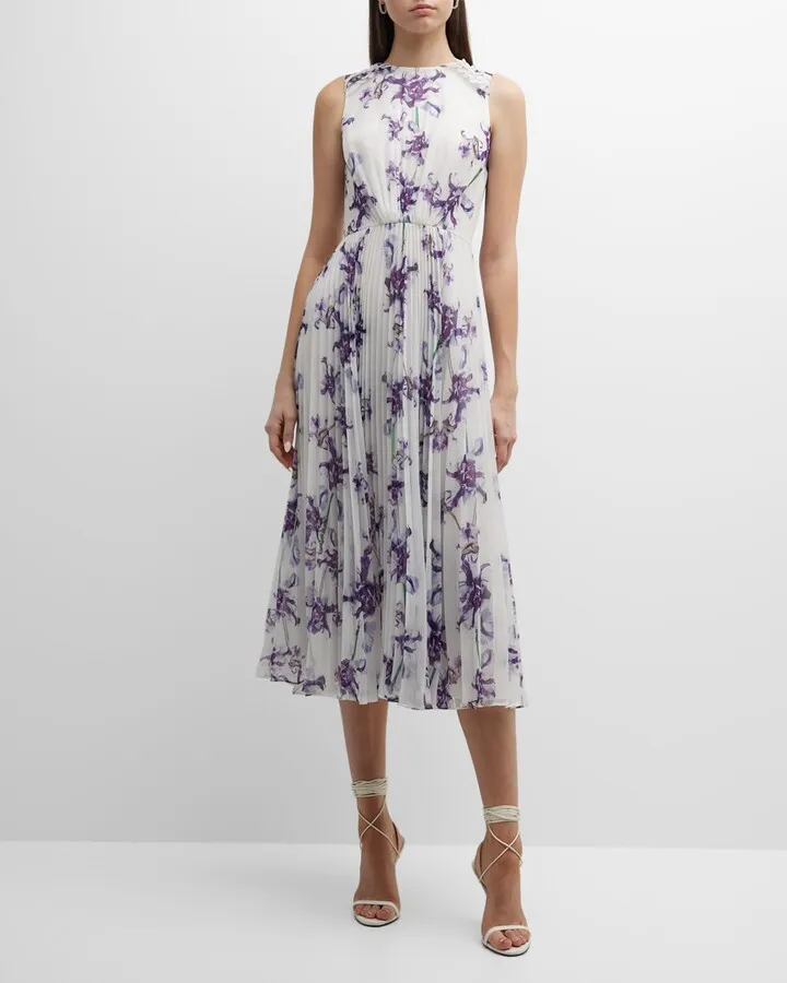 Dahlia Print Pleated Midi Dress