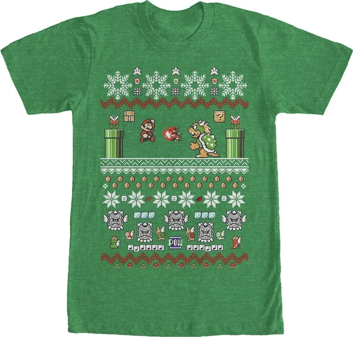 Men's Nintendo Ugly Christmas Mario and Bowser T-Shirt - Kelly Heather - Large