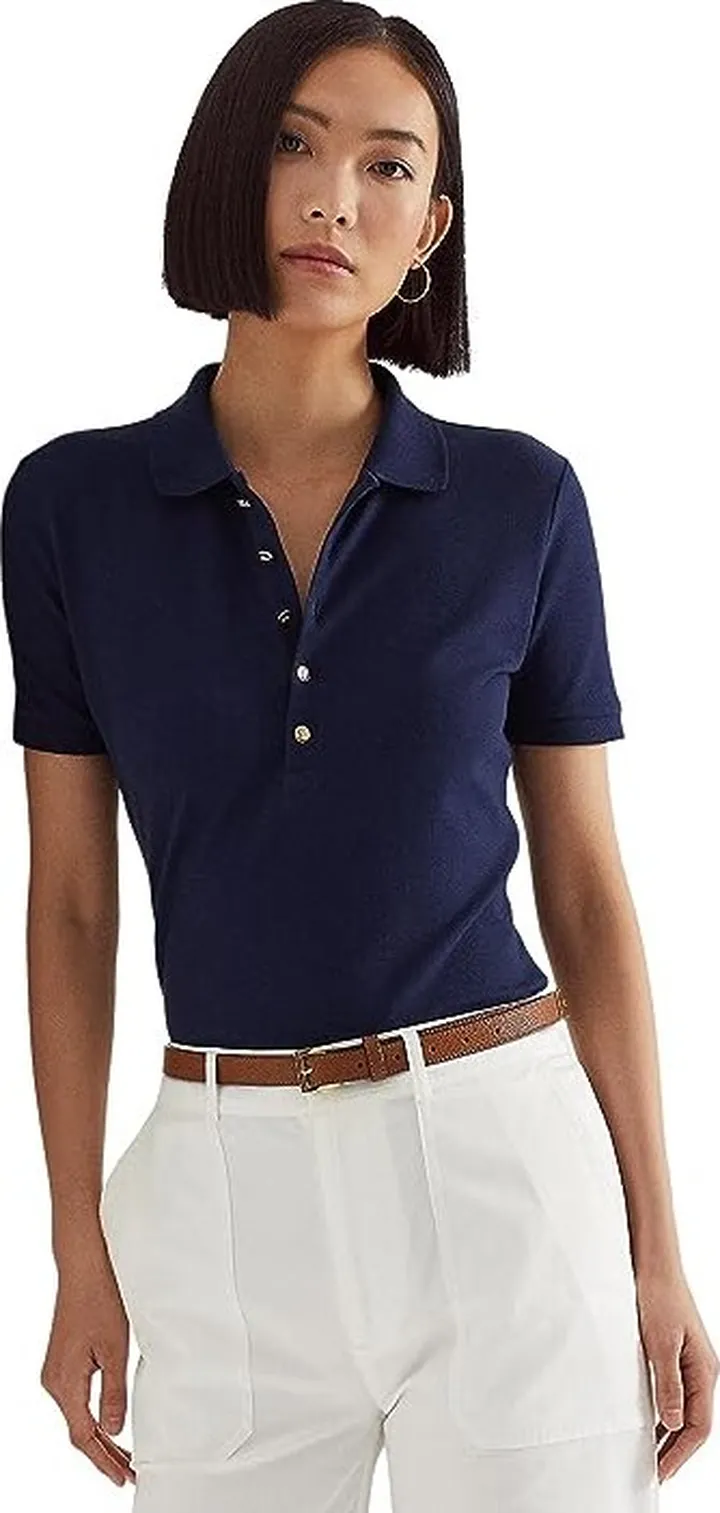 LAUREN Ralph Lauren Stretch Pique Polo Shirt (French Navy) Women's Clothing