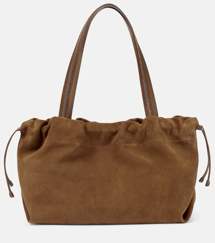 Leather-trimmed suede tote bag