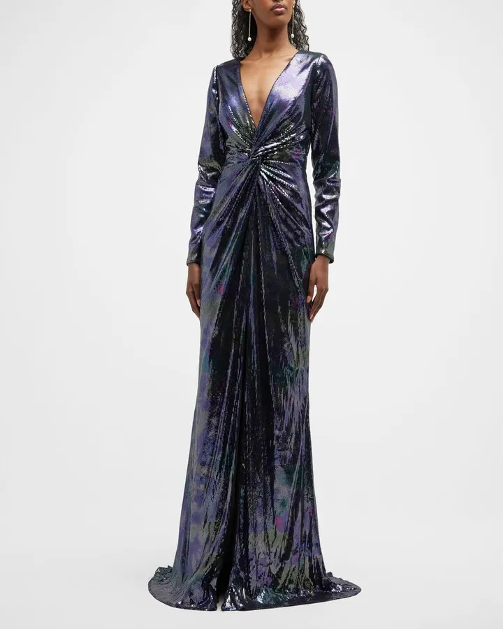 Twist-Front Deep V-Neck Sequin Gown