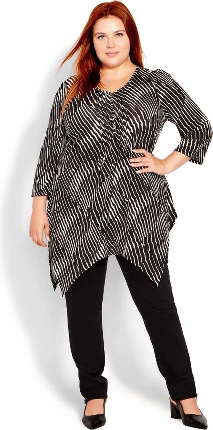 EVANS | Women's Plus Size Holly Hanky Hem Print Tunic - Black Stripe - 20W