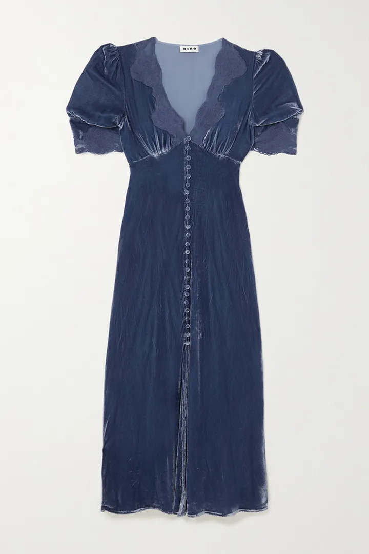 RIXO - Simone Lace-trimmed Velvet Midi Dress - Blue