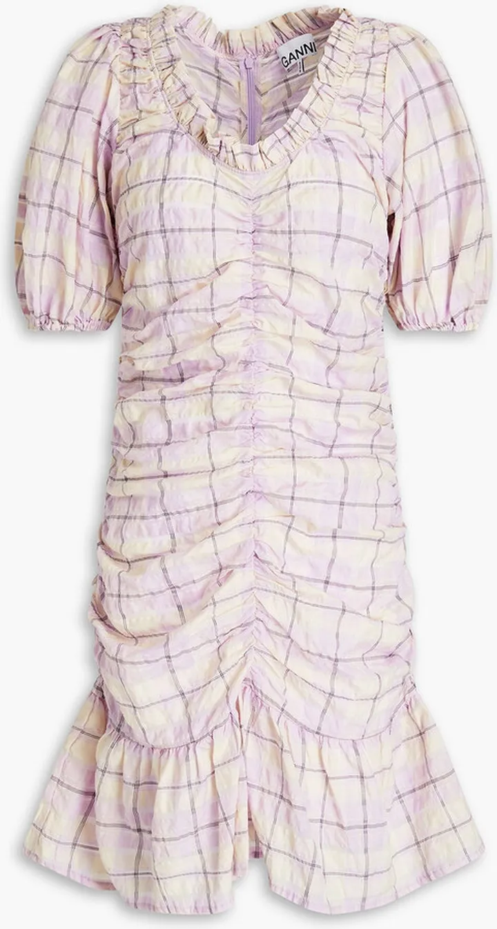 Ruched checked cotton-blend seersucker dress