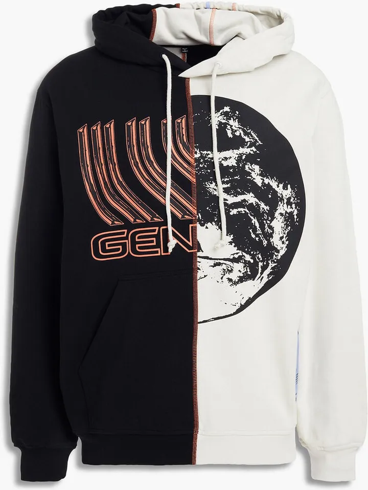 Printed color-block French cotton-terry hoodie