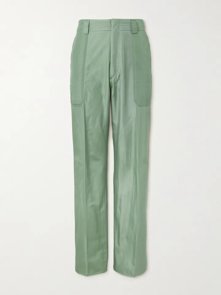 Straight-Leg Padded Pleated Silk Trousers