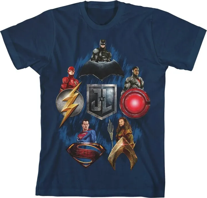 Justice League Movie Heroes and Emblems Boy’s Navy T-shirt-L