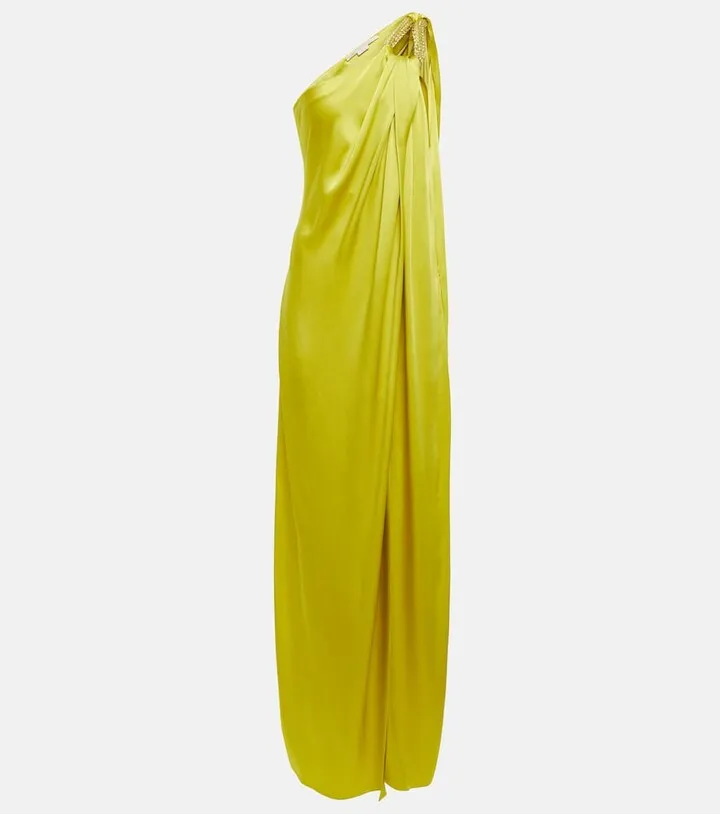 One-shoulder embellished satin gown