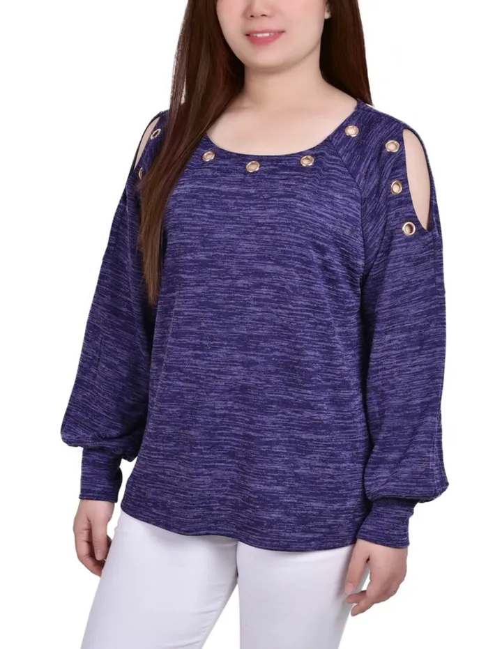 Petite Long Sleeve Shoulder Cutout Tunic Top