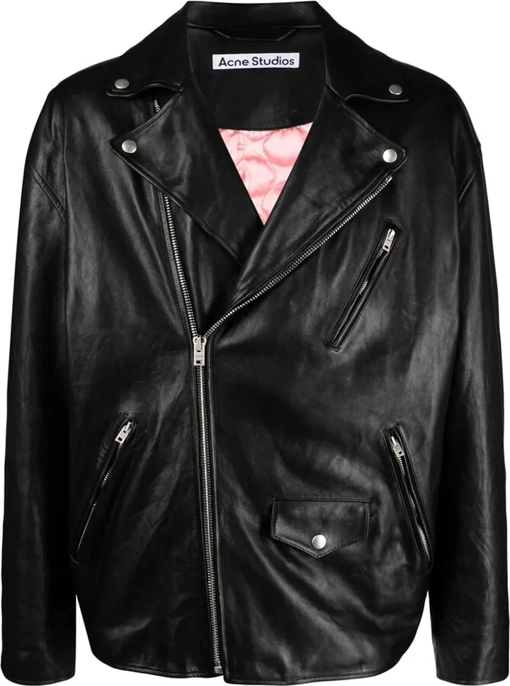 Off-Centre Zip Leather Biker Jacket