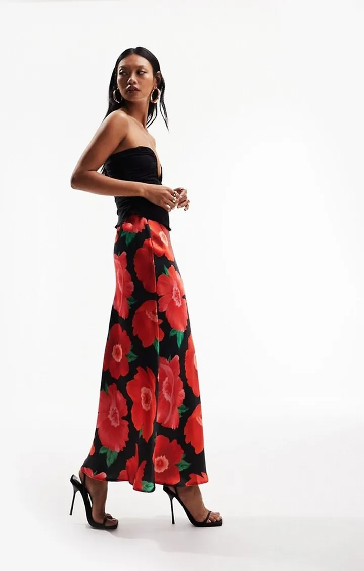 ASOS DESIGN satin bias cut midi skirt in bold poppy floral print