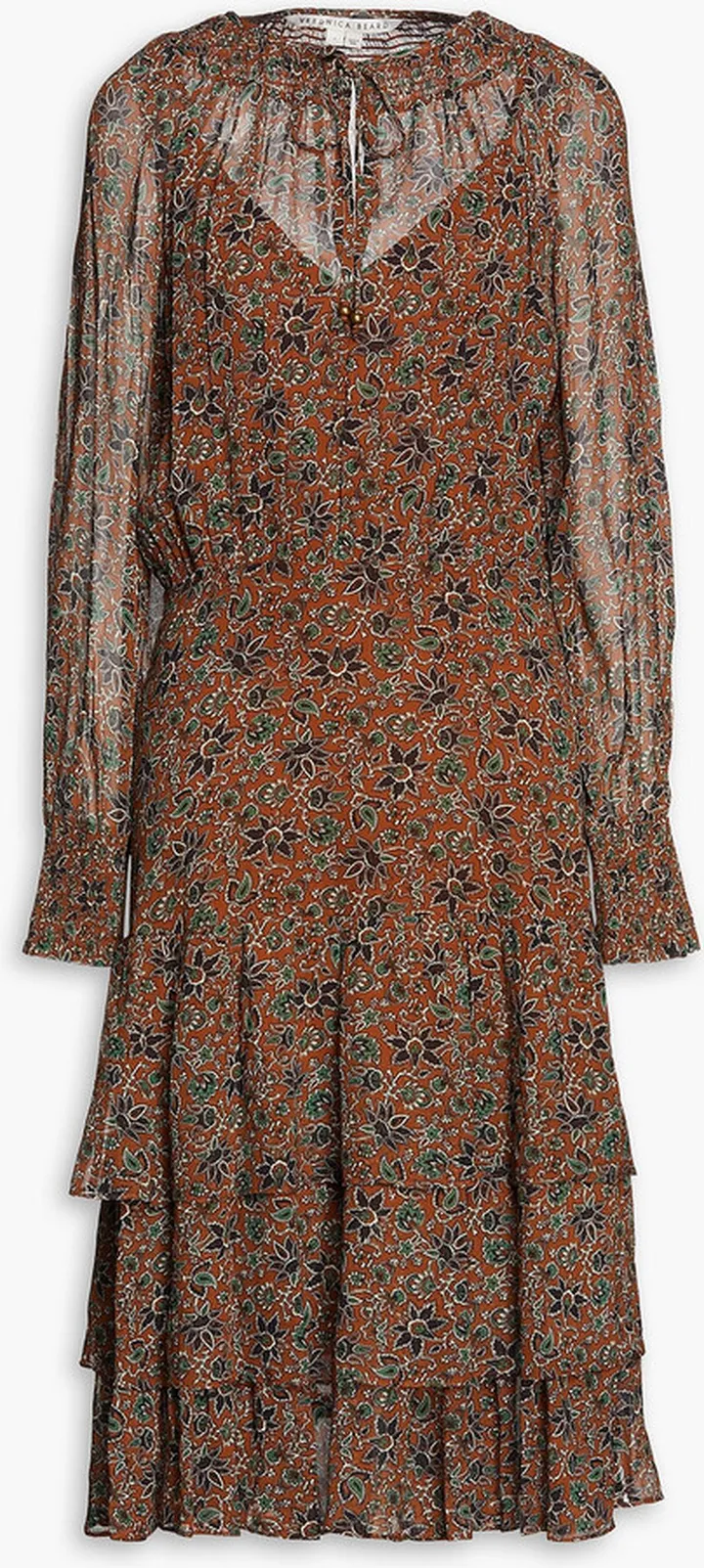 Tunis tiered printed crepe de chine midi dress