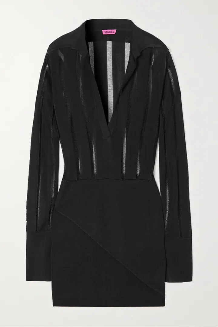 GAUGE81 - Beni Draped Recycled Open-knit Mini Shirt Dress - Black