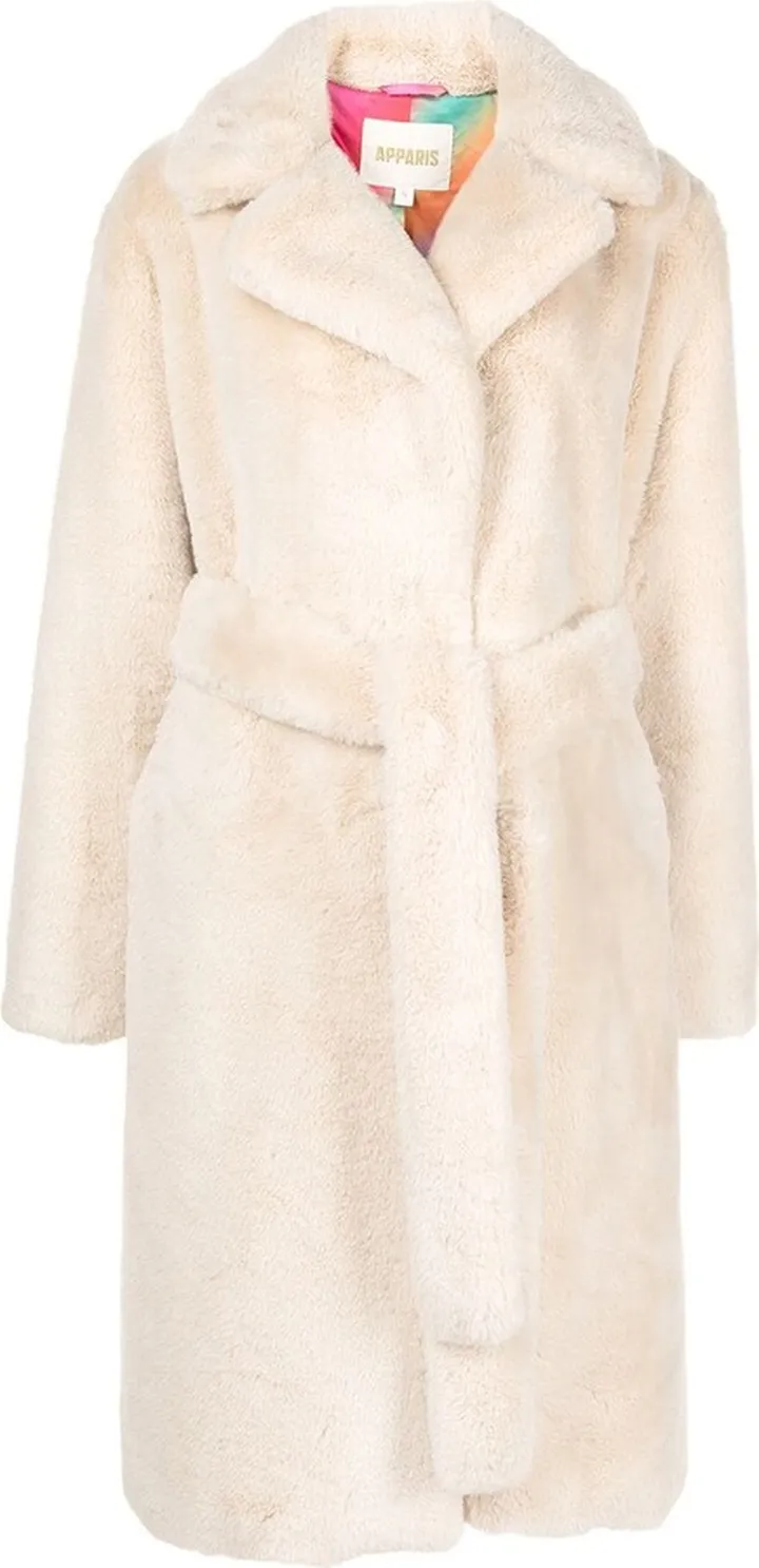 Belted-Waist Faux-Fur Coat