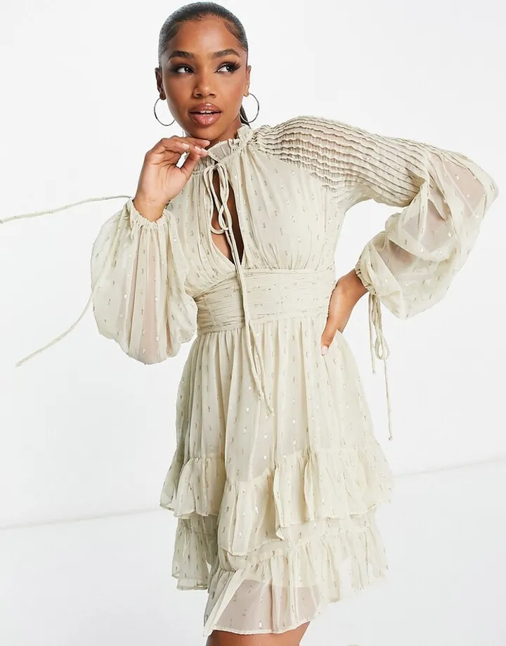 ASOS DESIGN jacquard chiffon high neck mini dress with pintuck sleeve detail in beige