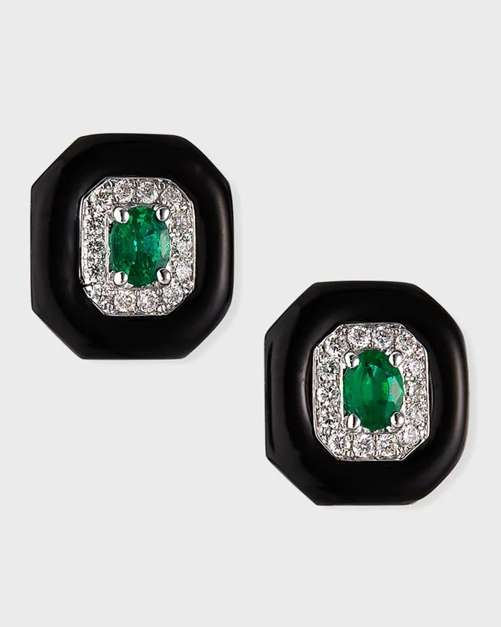 18k White Gold Oui Diamond & Emerald Stud Earrings
