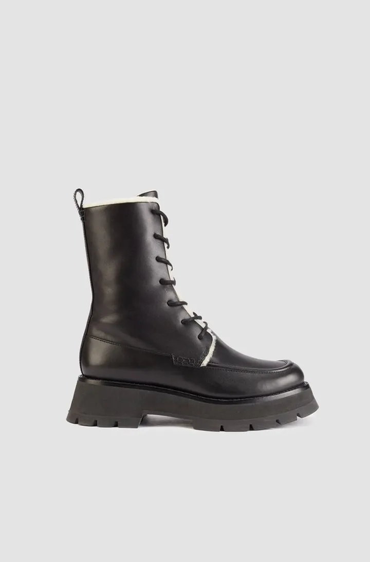 Kate Lace Up Combat Boot With Shearling in black