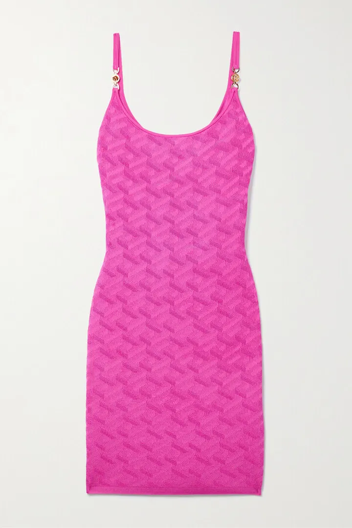 Versace - La Greca Embellished Jacquard-knit Mini Dress - Pink