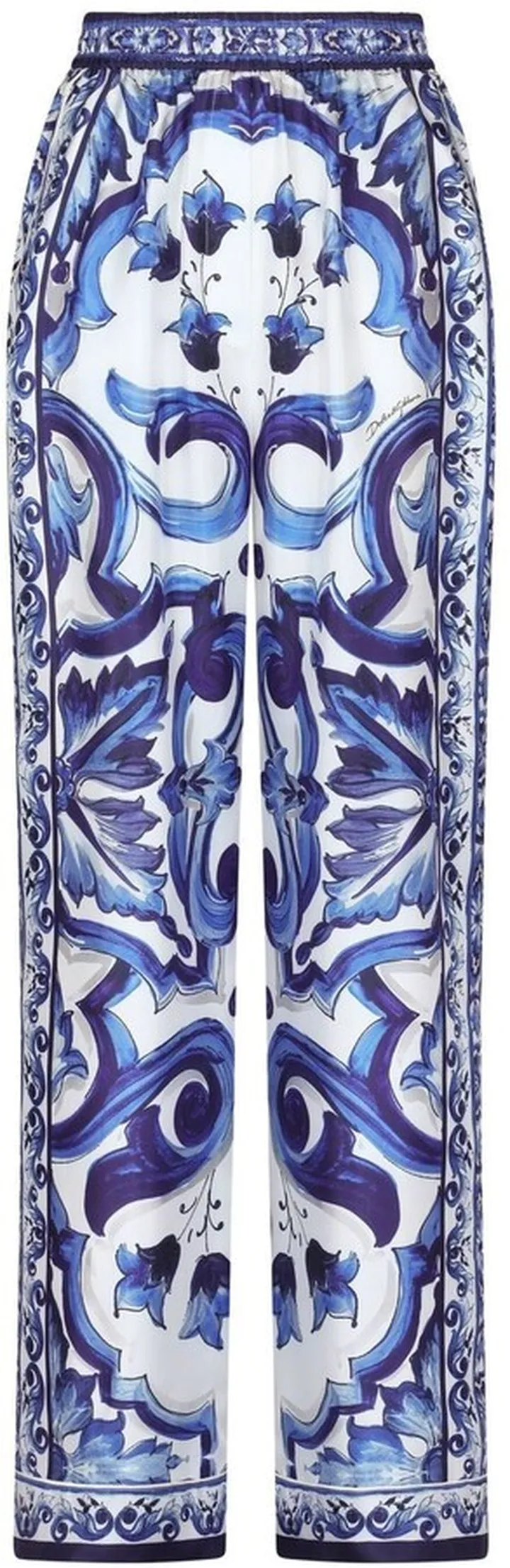 Majolica-print silk straight leg trousers