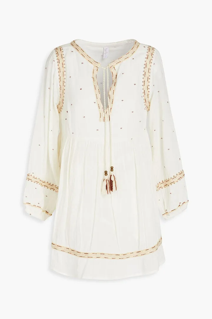 Gathered embroidered cotton-gauze mini dress