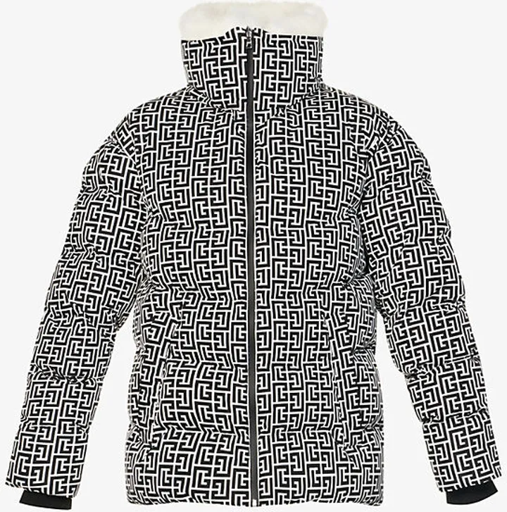 Womens Noir Blanc Brand-print Faux Fur-trim Regular-fit Shell Jacket