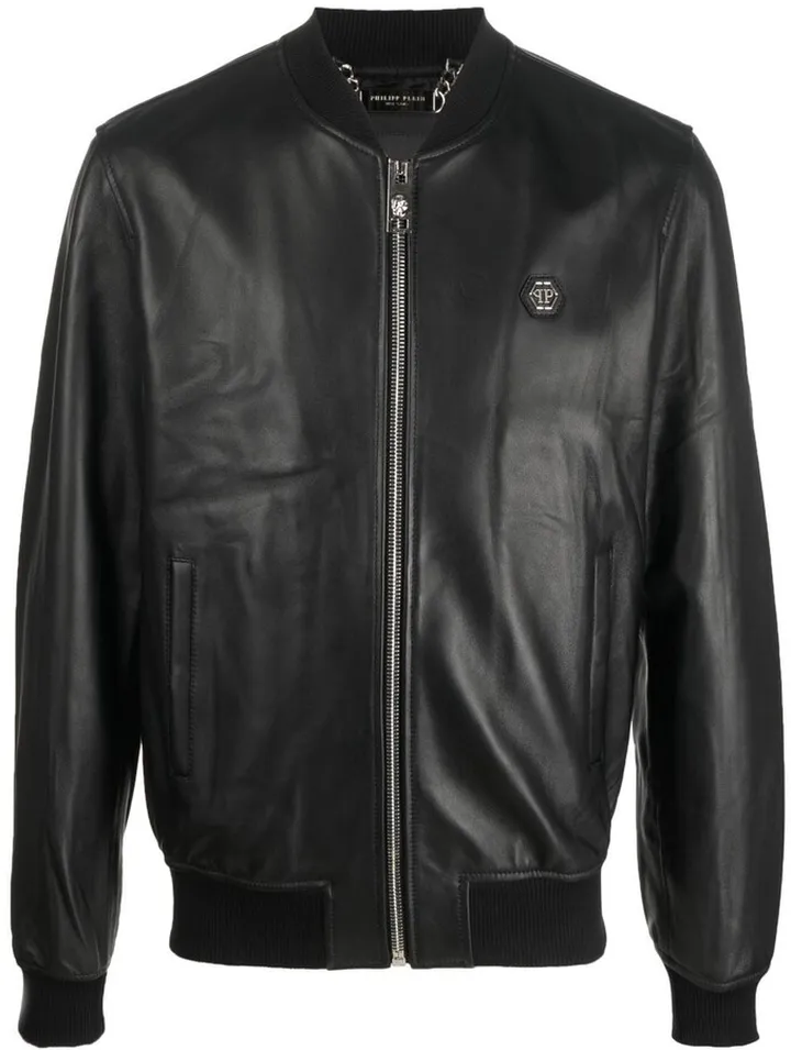 Logo-Patch Leather Bomber Jacket