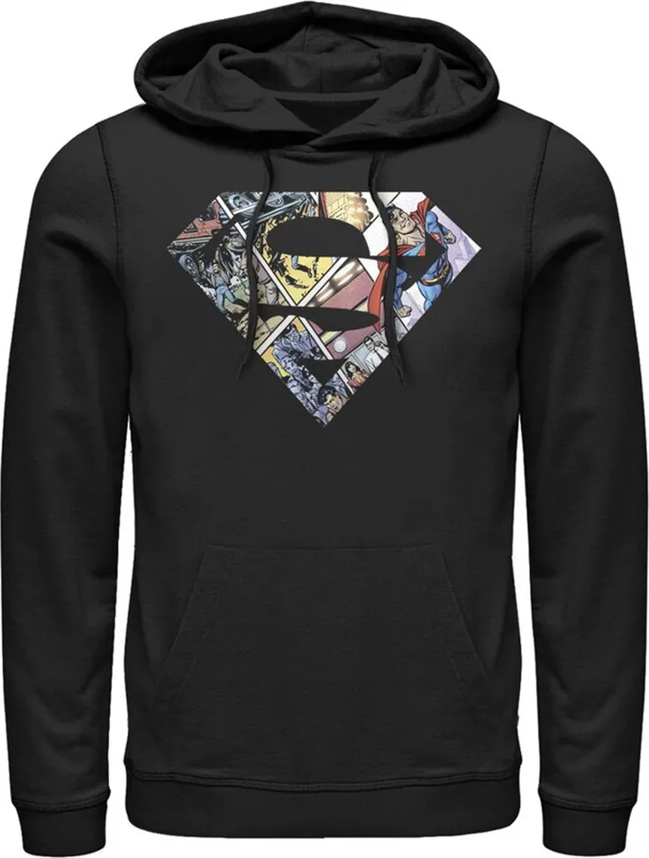 Men's Superman Comic Panel Shield Logo Pull Over Hoodie - Black - 2X Large