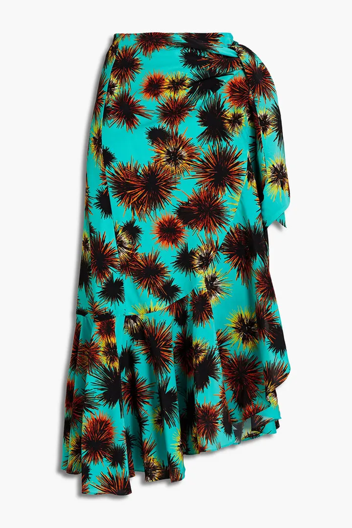 Ruffled printed crepe de chine midi wrap skirt