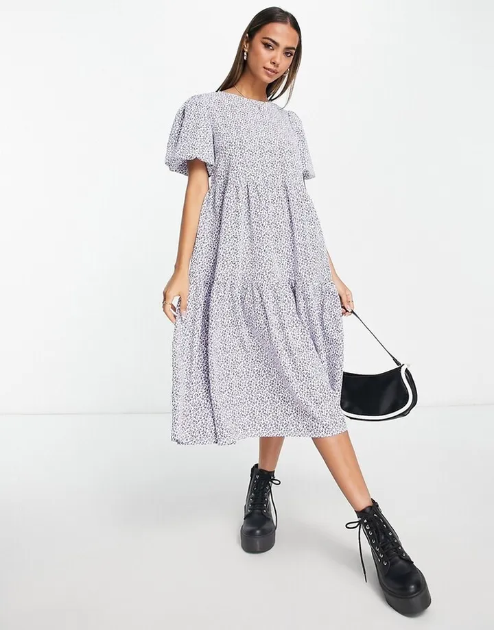 Glamorous tie back tiered midi smock dress in blue ditsy