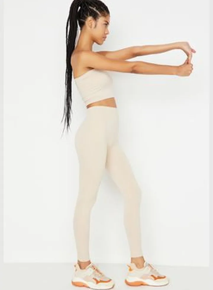 Beige Seamless/Seamless Ribbed Full Length Sports Leggings TWOAW20TA0071.