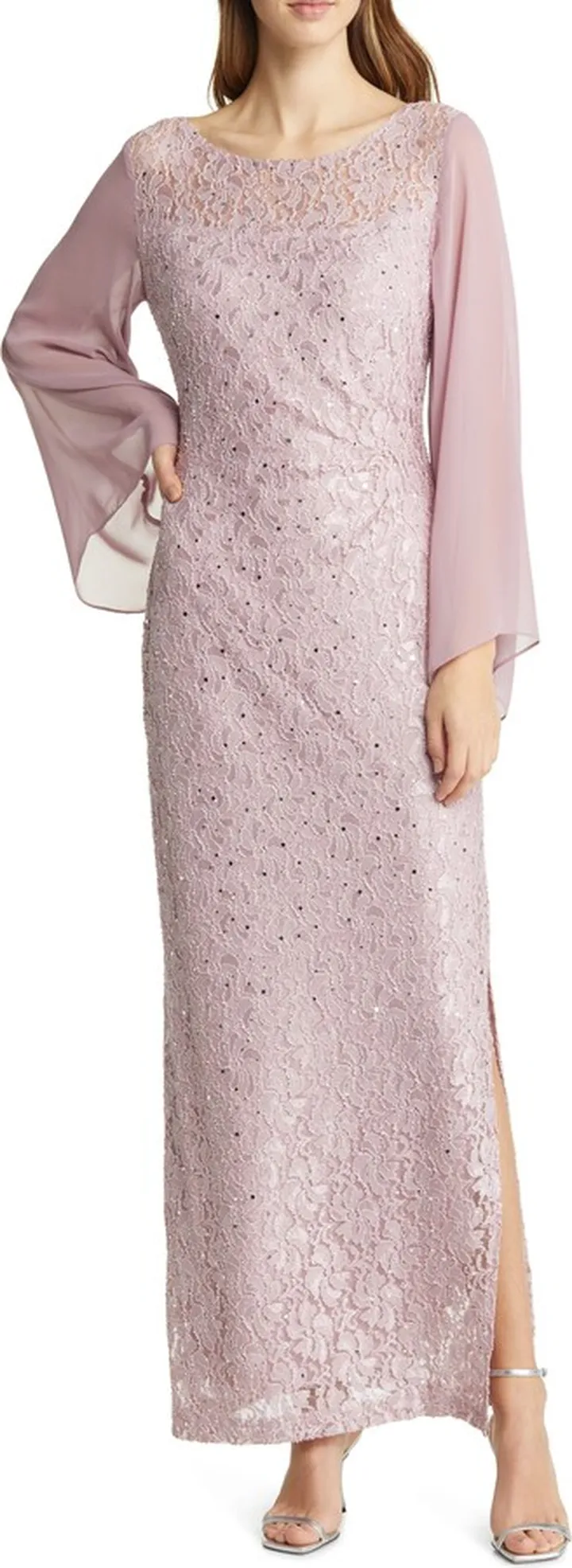 Sequin Floral Lace Long Sleeve Sheath Gown