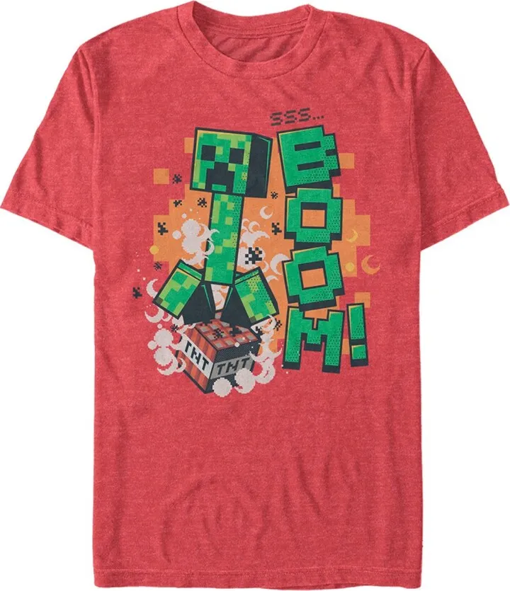 Men's Minecraft Creeper Boom T-Shirt - Red Heather - Small