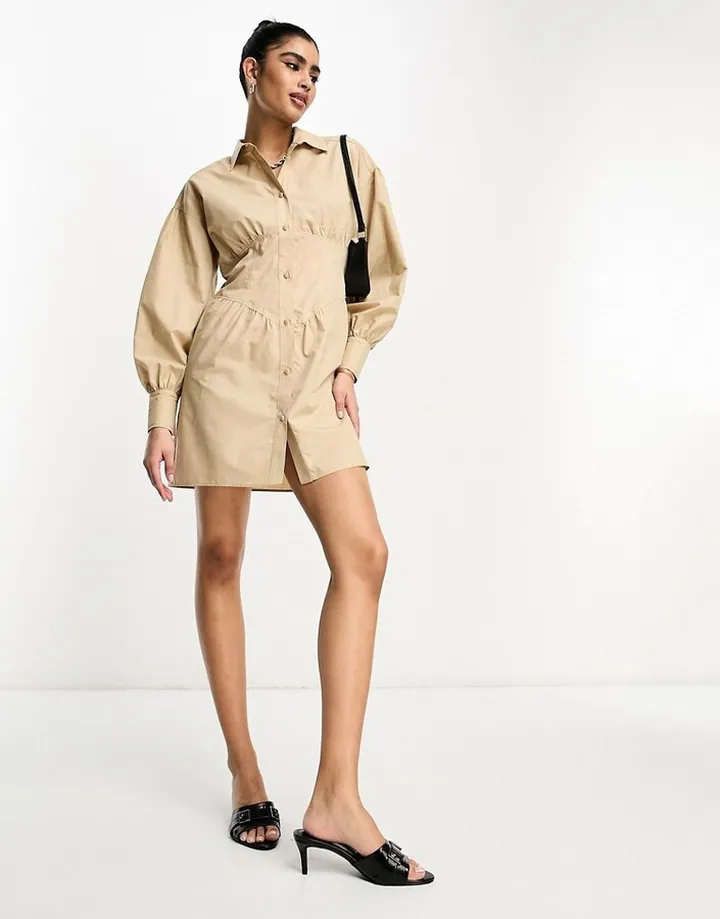 ASOS DESIGN corset detail mini shirt dress with balloon sleeves in camel
