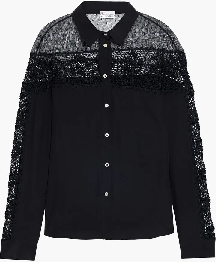 Point d'esprit and lace-paneled silk crepe de chine shirt