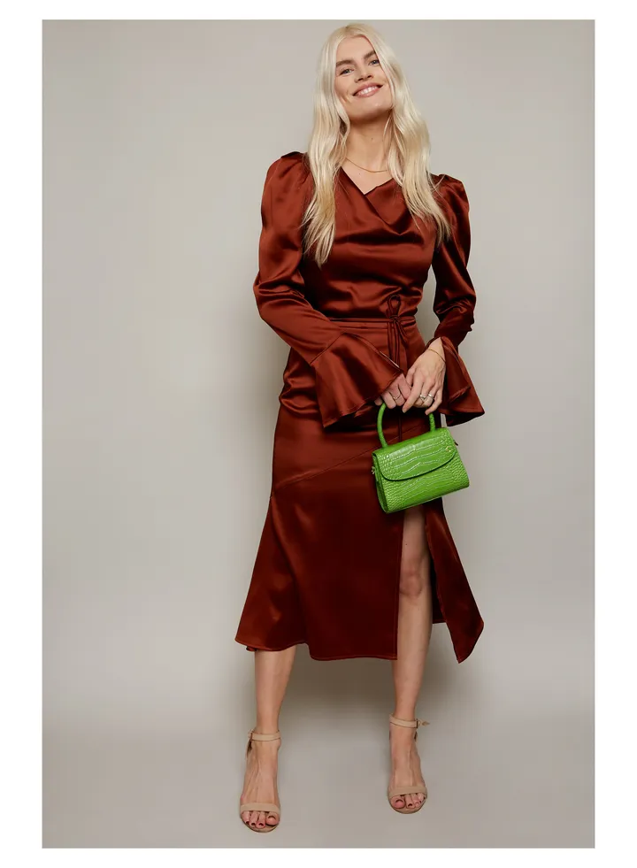 Little Mistress Chocoalte Satin Midi Dress With Side Split