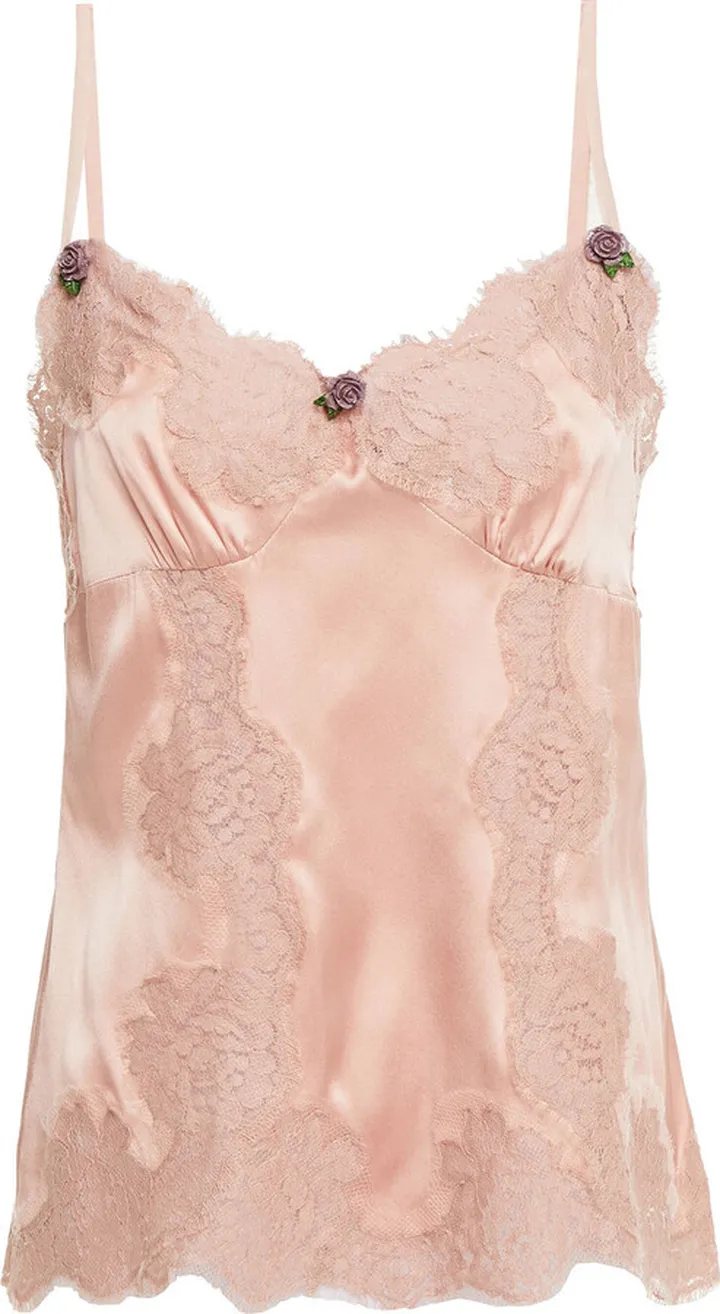 Floral-appliquéd lace-trimmed silk-blend satin camisole
