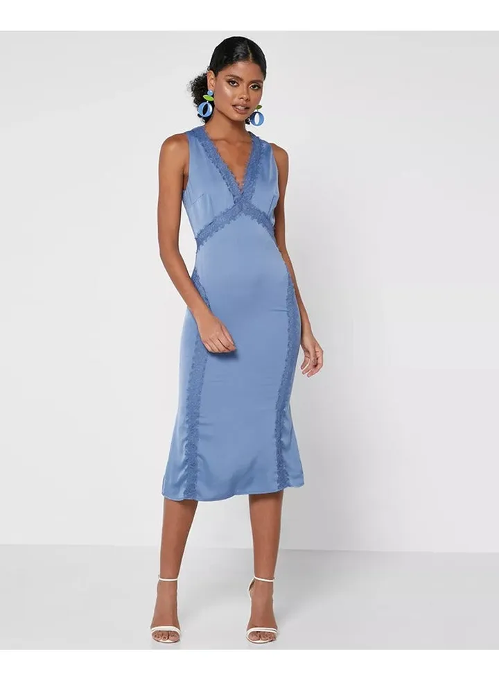 Little Mistress Blue Steel Satin Midi Dress