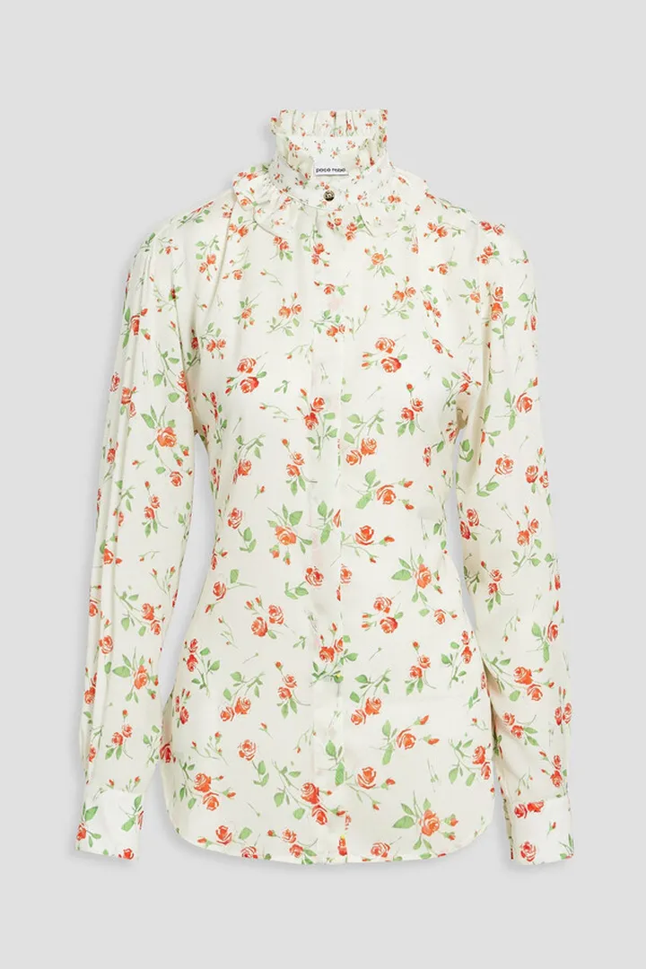 Ruffle-trimmed floral-print crepe de chine blouse