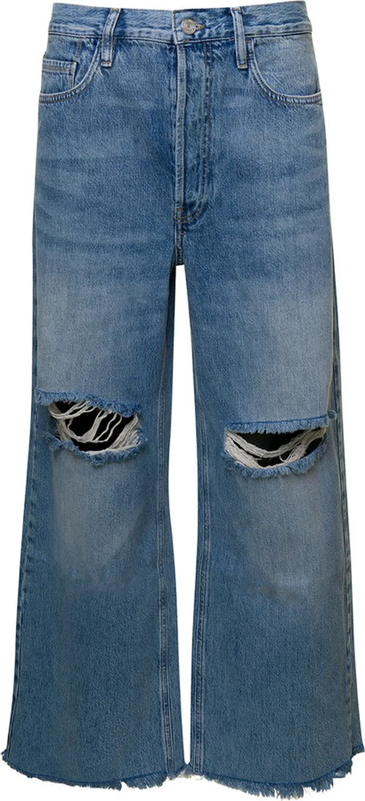 Light Blue Wide Leg Jeans With Rips On Knees In Cotton Denim Woman