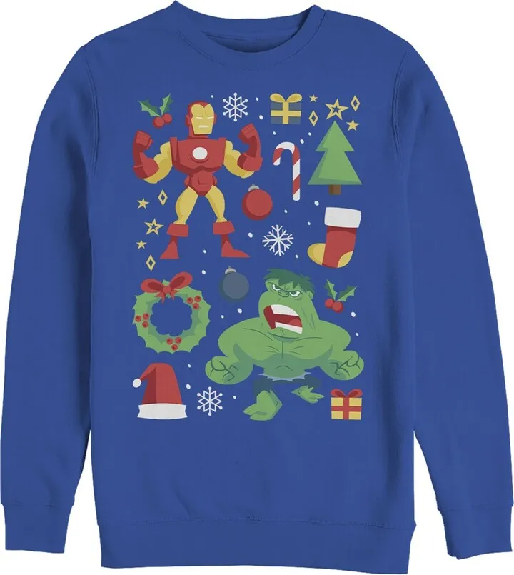 Men's Marvel Christmas Iron Man & Hulk Cheer Sweatshirt - Royal Blue - Large