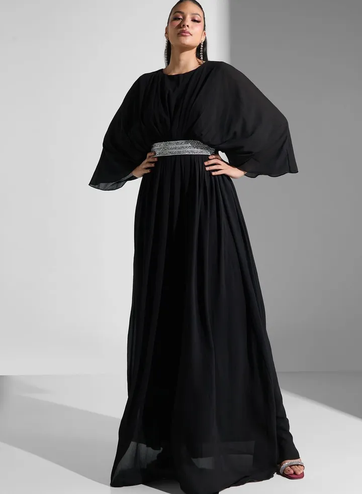 Flared Sleeve Belted Dress