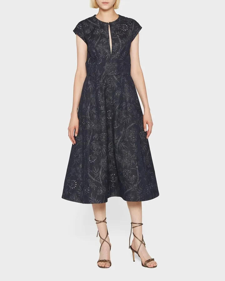 Printed Cap-Sleeve Midi Dress