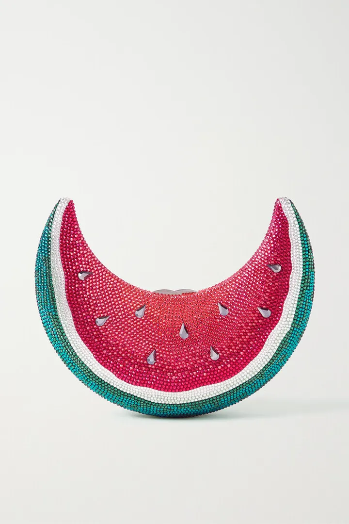 JUDITH LEIBER COUTURE - Watermelon Crescent Crystal-embellished Silver-tone Clutch - Red