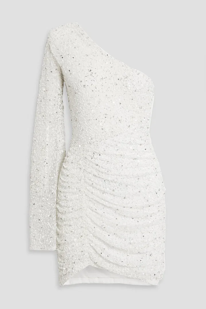 Gloria one-sleeve embellished stretch-tulle mini dress