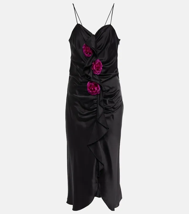 Appliqued silk satin midi dress