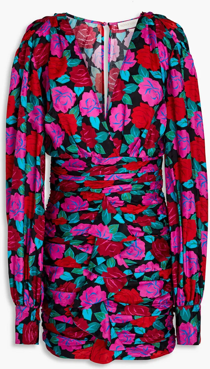 Carissa ruched floral-jacquard mini dress